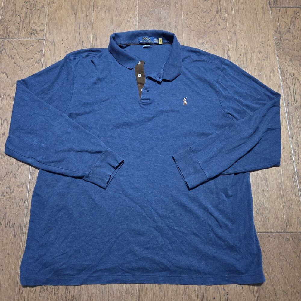 Polo Ralph Lauren Polo Shirt Men 2XL Blue Long Sleeve Custom Slim Fit Flesh Pony